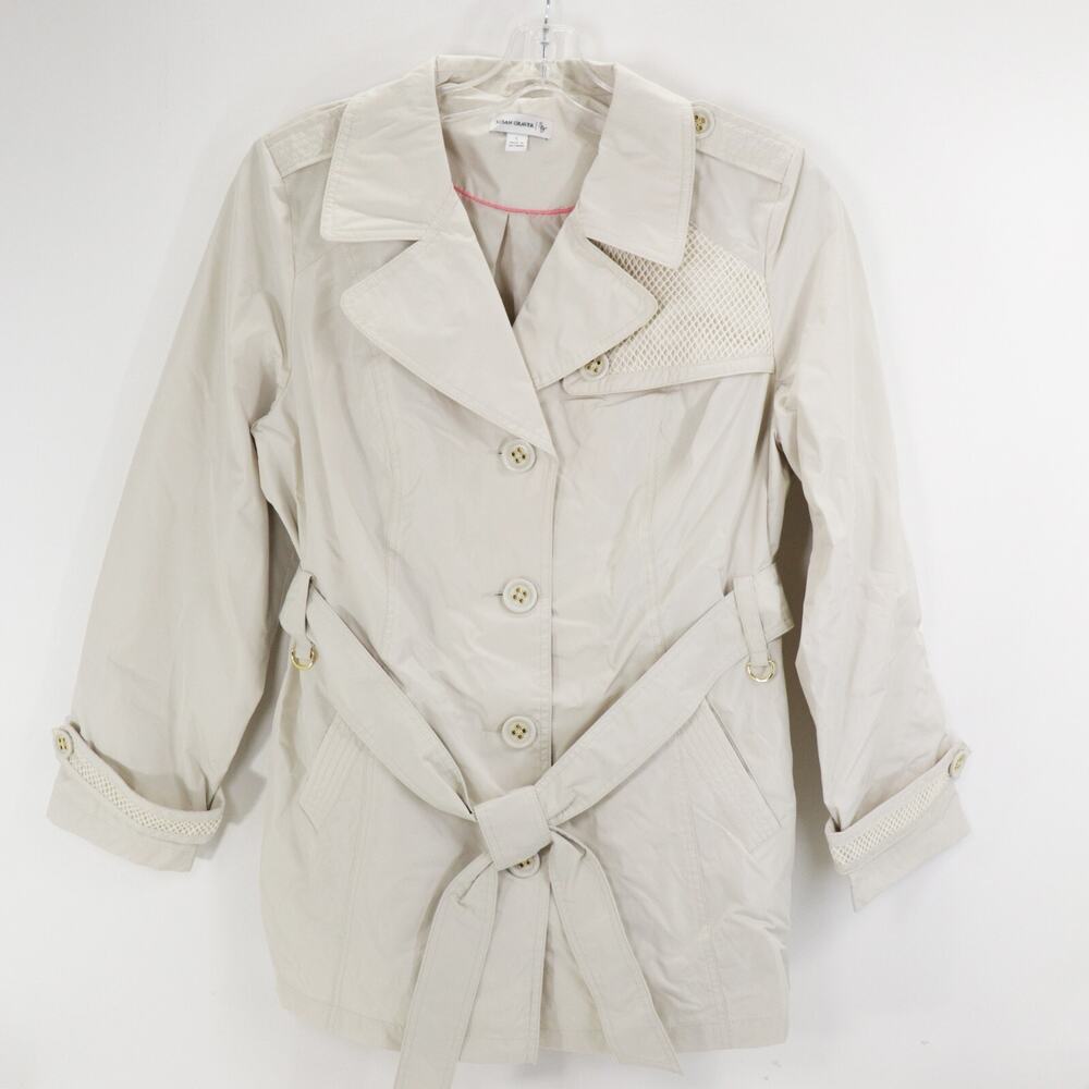 Susan Graver Trench Coat Large Beige Lined Mid Length Mesh Tie Waist Buttons